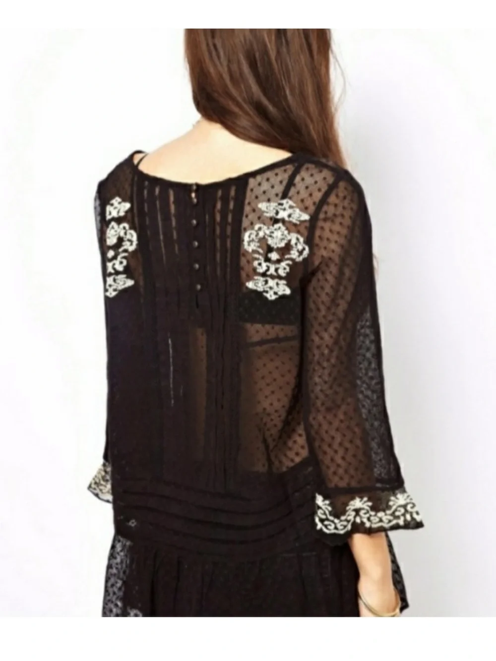 FREE PEOPLE Black Jocelyn Pleated Dot Ruffle lace Tunic Size S